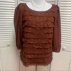 Brown Blouse with layered lace detail